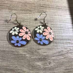 Bohemian Floral Enamel Circular Earrings - Pink, Blue, White